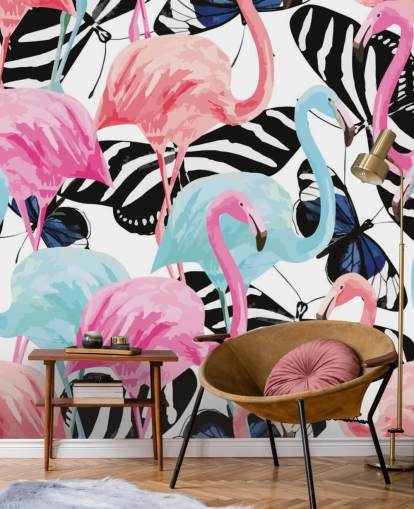 pink and blue flamingo wallpaper mural called Flamingos with Butterflies