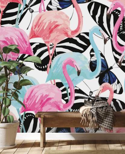 pink and blue flamingo wallpaper mural called Flamingos with Butterflies
