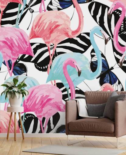 pink and blue flamingo wallpaper mural called Flamingos with Butterflies pink and blue flamingo wallpaper mural called Flamingos with Butterflies