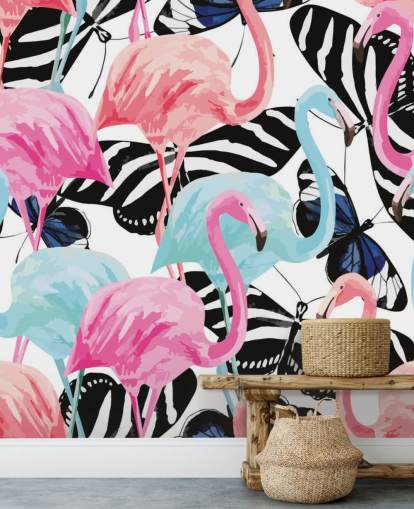 roze en blauwe flamingo muurschildering genaamd Flamingos with Butterflies