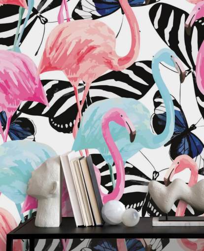 pink and blue flamingo wallpaper mural called Flamingos with Butterflies