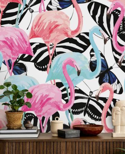 roze en blauwe flamingo muurschildering genaamd Flamingos with Butterflies roze en blauwe flamingo muurschildering genaamd Flamingos with Butterflies