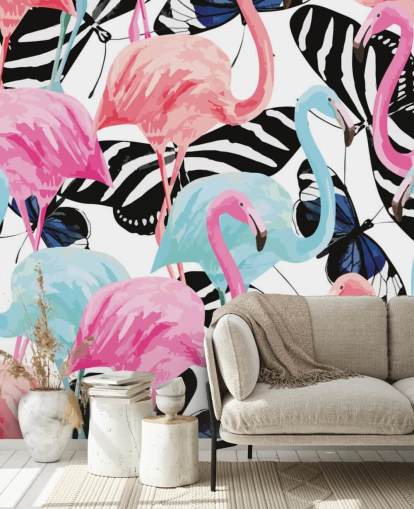 lyserødt og blåt flamingo tapetmaleri kaldet Flamingoer med sommerfugle