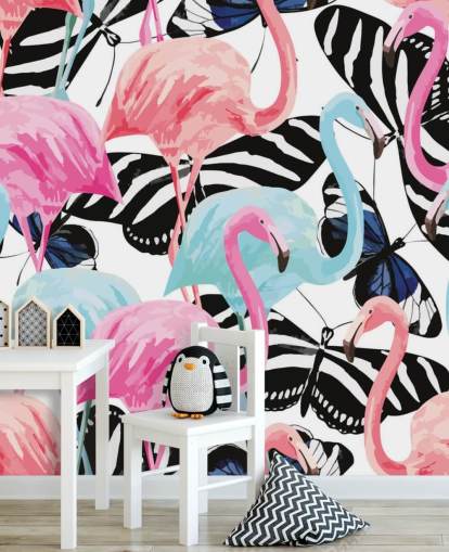 mural de papel de parede de flamingo rosa e azul chamado Flamingos with Butterflies