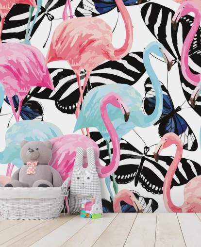 papier peint mural de flamants roses et bleus appelé Flamingos avec papillons papier peint mural de flamants roses et bleus appelé Flamingos avec papillons