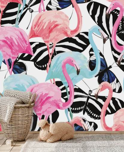 rosafarbenes und blaues Flamingo-Tapetenbild namens Flamingos mit Schmetterlingen rosafarbenes und blaues Flamingo-Tapetenbild namens Flamingos mit Schmetterlingen