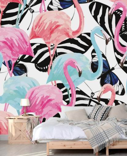 lyserødt og blåt flamingo tapetmaleri kaldet Flamingoer med sommerfugle