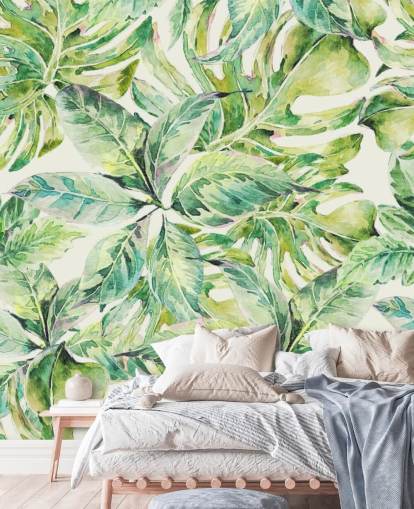 Grote muurschildering met groene bladeren 