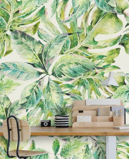 Decorazione murale con grandi foglie verdi 