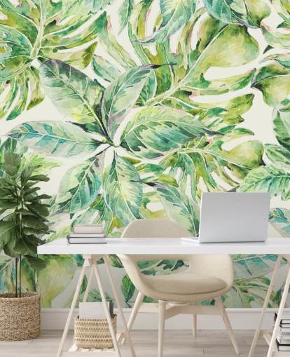 Grote muurschildering met groene bladeren Grote muurschildering met groene bladeren
