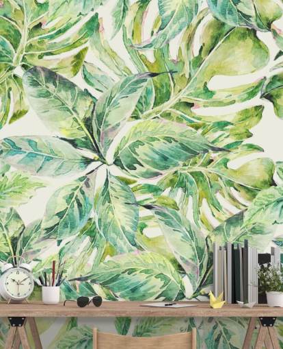 Decorazione murale con grandi foglie verdi 