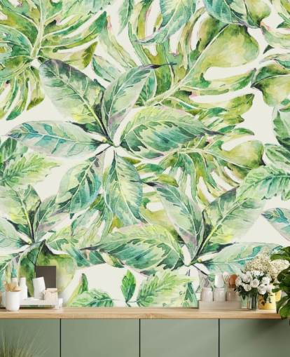 Decorazione murale con grandi foglie verdi 