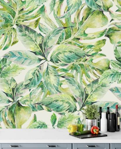Decorazione murale con grandi foglie verdi 