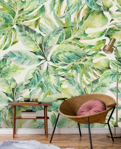 Grote muurschildering met groene bladeren 