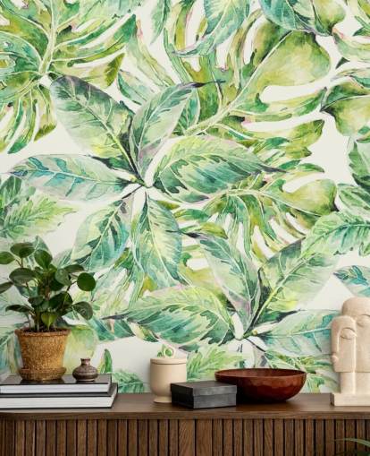 Decorazione murale con grandi foglie verdi 