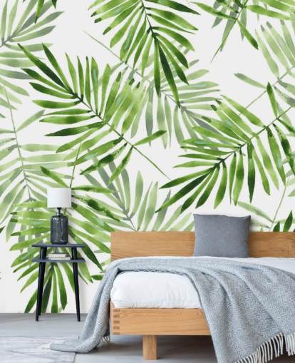 green and white custom palm leaf wallpaper mural called Green Palms for kitchens