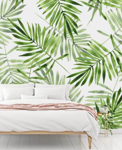 green and white custom palm leaf wallpaper mural called Green Palms for kitchens