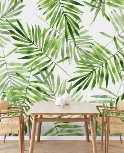 grünes und weißes kundenspezifisches Palmblatt-Tapeten-Wandbild namens Green Palms für Küchen