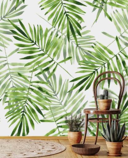 grön och vit anpassad palmblad tapetväggmålning kallad Green Palms för kök