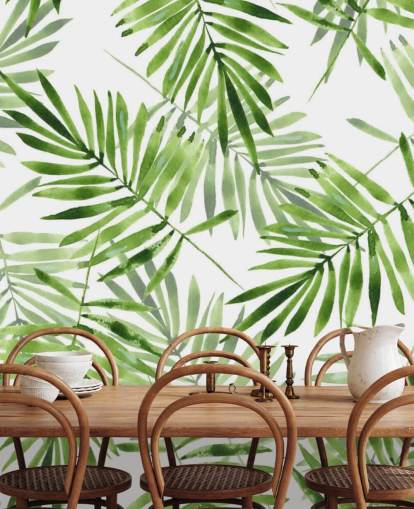 papier peint mural personnalisé en feuille de palmier vert et blanc appelé Green Palms pour cuisines papier peint mural personnalisé en feuille de palmier vert et blanc appelé Green Palms pour cuisines