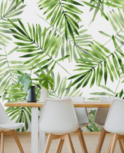 grünes und weißes kundenspezifisches Palmblatt-Tapeten-Wandbild namens Green Palms für Küchen