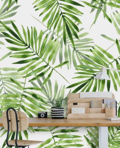 carta da parati murale personalizzata con foglie di palma verde e bianca chiamata Green Palms per cucine