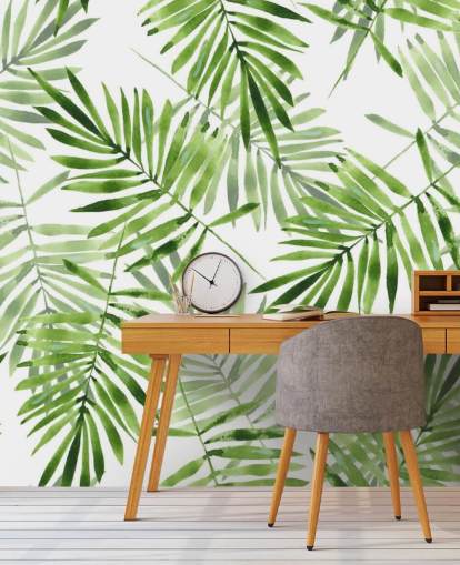 green and white custom palm leaf wallpaper mural called Green Palms for kitchens