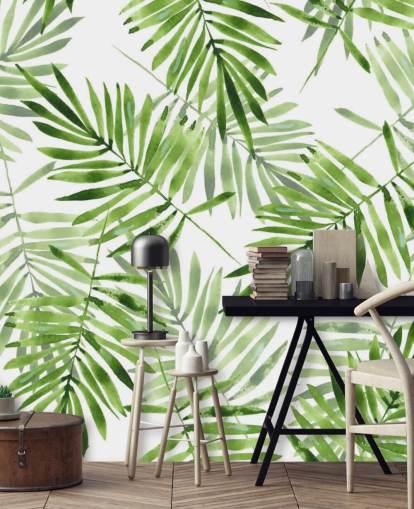 grünes und weißes kundenspezifisches Palmblatt-Tapeten-Wandbild namens Green Palms für Küchen