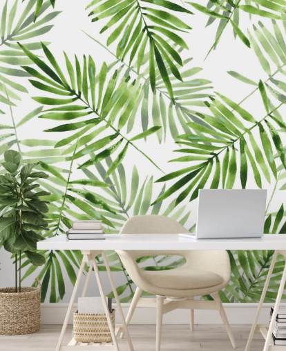 grønt og hvidt brugerdefineret palmeblad tapetmaleri kaldet Green Palms til køkkener