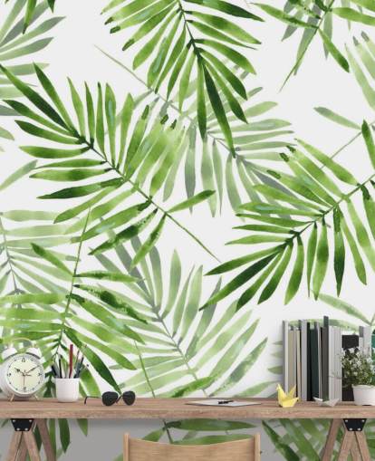 mural de papel pintado de hojas de palma personalizado verde y blanco llamado Green Palms para cocinas