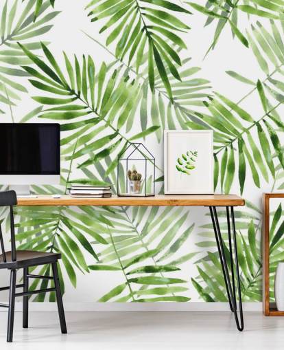 grünes und weißes kundenspezifisches Palmblatt-Tapeten-Wandbild namens Green Palms für Küchen