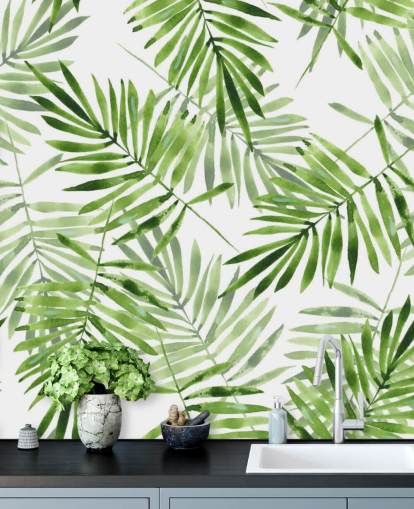 grön och vit anpassad palmblad tapetväggmålning kallad Green Palms för kök