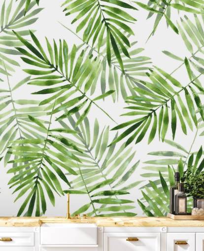 grønt og hvidt brugerdefineret palmeblad tapetmaleri kaldet Green Palms til køkkener