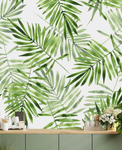mural de papel pintado de hojas de palma personalizado verde y blanco llamado Green Palms para cocinas