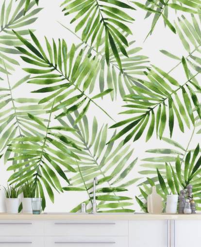 carta da parati murale personalizzata con foglie di palma verde e bianca chiamata Green Palms per cucine