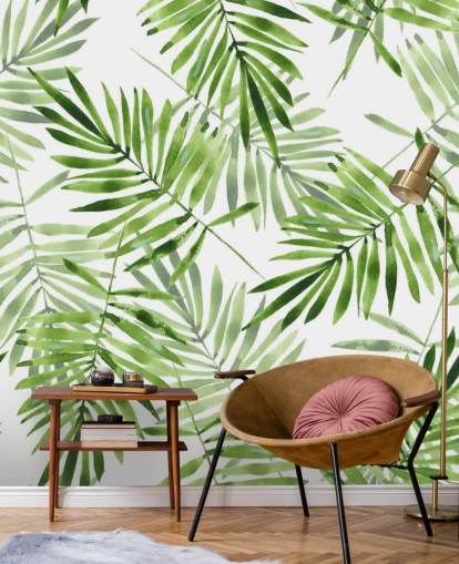 green and white custom palm leaf wallpaper mural called Green Palms for kitchens