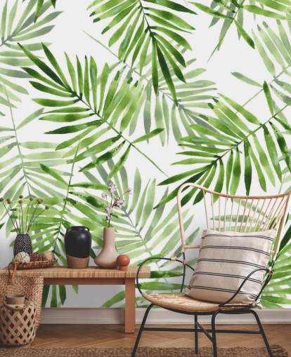 groen-witte op maat gemaakte palmbladbehangmuurschildering genaamd Green Palms voor keukens