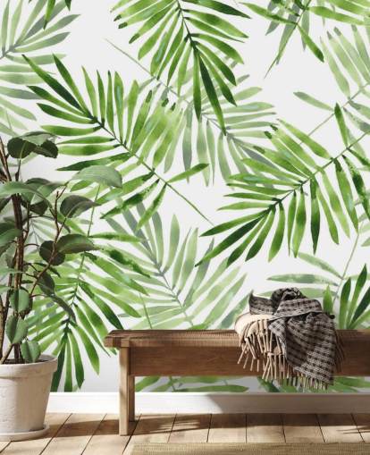 groen-witte op maat gemaakte palmbladbehangmuurschildering genaamd Green Palms voor keukens