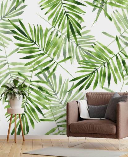 groen-witte op maat gemaakte palmbladbehangmuurschildering genaamd Green Palms voor keukens