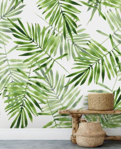 grünes und weißes kundenspezifisches Palmblatt-Tapeten-Wandbild namens Green Palms für Küchen