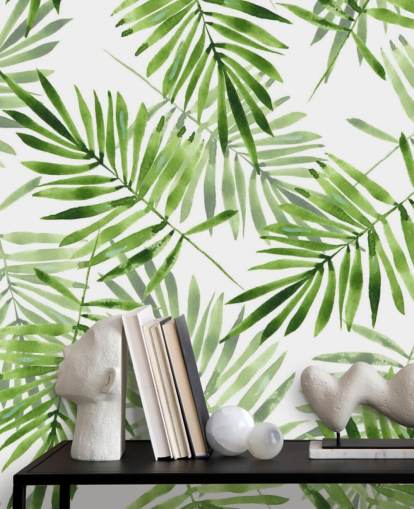grünes und weißes kundenspezifisches Palmblatt-Tapeten-Wandbild namens Green Palms für Küchen grünes und weißes kundenspezifisches Palmblatt-Tapeten-Wandbild namens Green Palms für Küchen