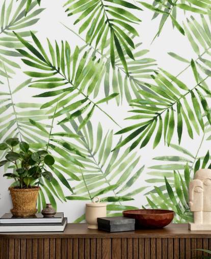 green and white custom palm leaf wallpaper mural called Green Palms for kitchens