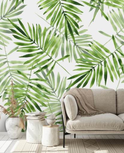 grön och vit anpassad palmblad tapetväggmålning kallad Green Palms för kök