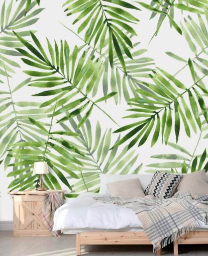 vihreä ja valkoinen mukautettu palmunlehtitaustakuvamaalaus nimeltä Green Palms keittiöihin