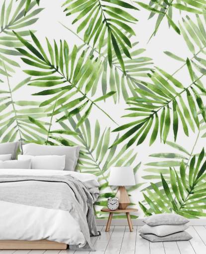 grön och vit anpassad palmblad tapetväggmålning kallad Green Palms för kök