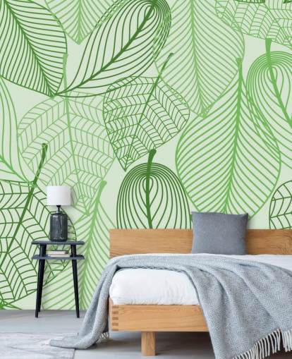 carta da parati murale con foglie verdi chiamata Green Leaves per camere da letto, bagni e cucine