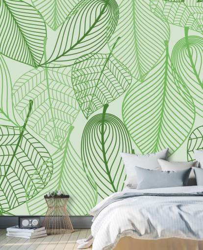 mural de papel pintado de hojas verdes llamado Hojas verdes para dormitorios, baños y cocinas