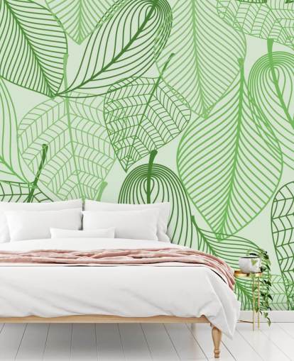 mural de papel pintado de hojas verdes llamado Hojas verdes para dormitorios, baños y cocinas