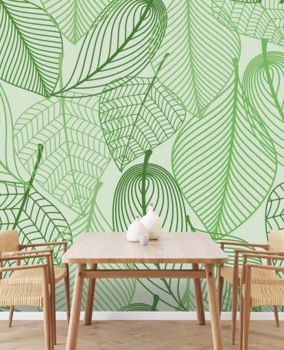 mural de papel pintado de hojas verdes llamado Hojas verdes para dormitorios, baños y cocinas