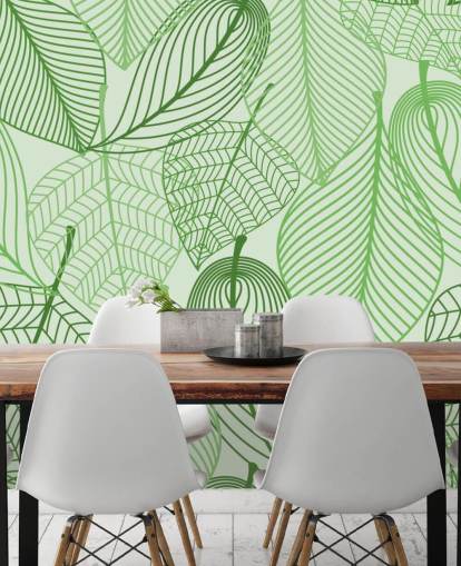 mural de papel pintado de hojas verdes llamado Hojas verdes para dormitorios, baños y cocinas